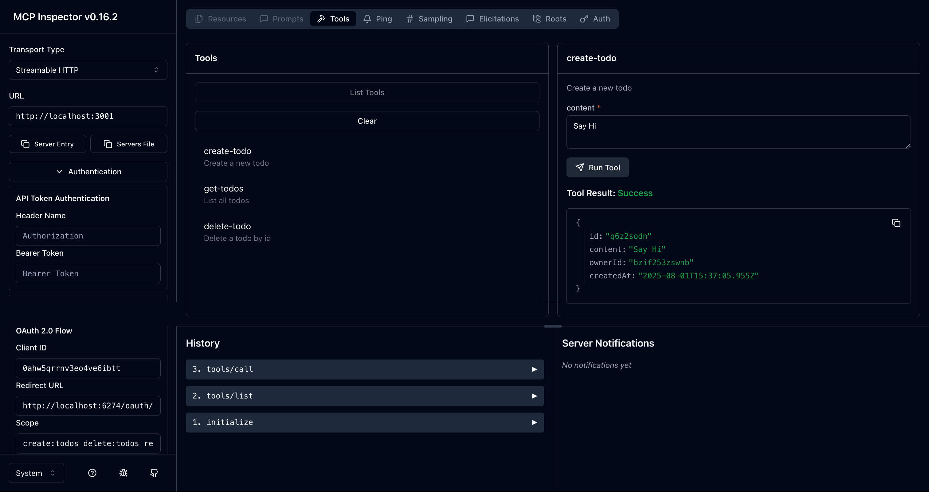 MCP inspector todo manager 工具結果
